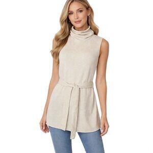 Vince Wool Cashmere Sleeveless Cowl Neck Belted Tunic Sweater Oatmeal Sz Large